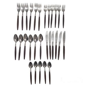 Vintage MCM American Tempo Stainless Japan Flatware Faux Wood Handles Se…